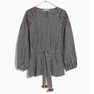 Madewell || Smocked Gingham Top with Tassel Tie